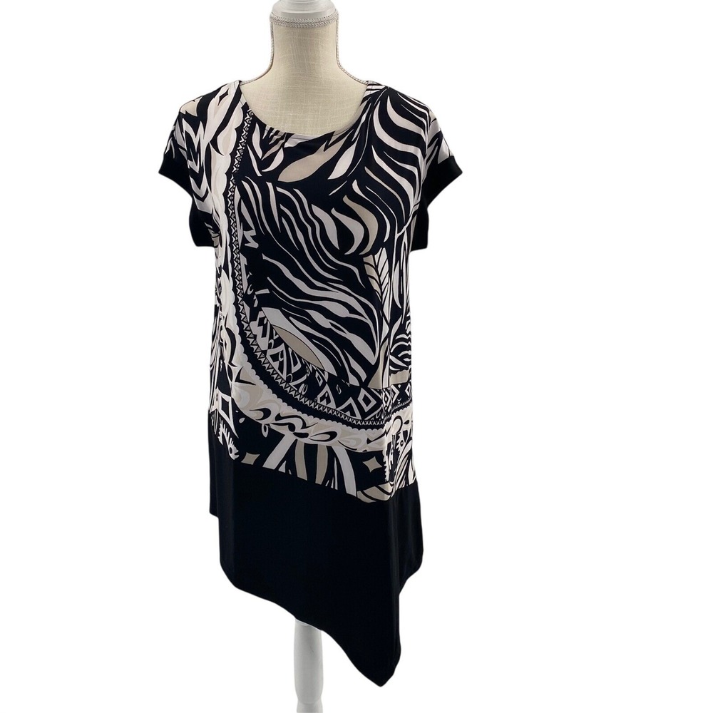 Chicos Womens Size M Black White Abstract Print  Asymmetrical Tunic Dress Career